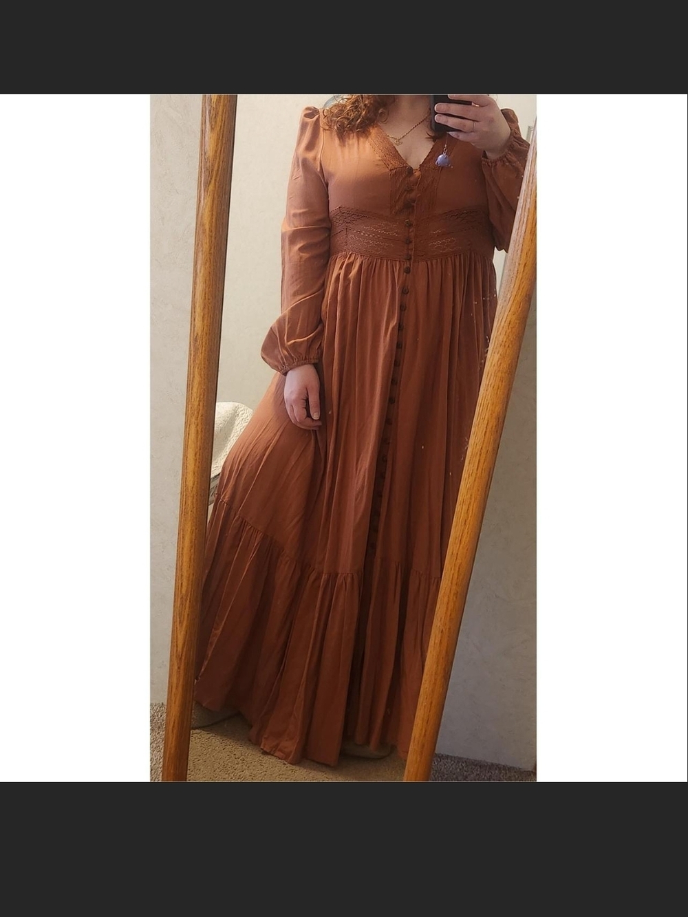 Long Sleeve Rust Brown Maxi Dress with Button-Front Detail
